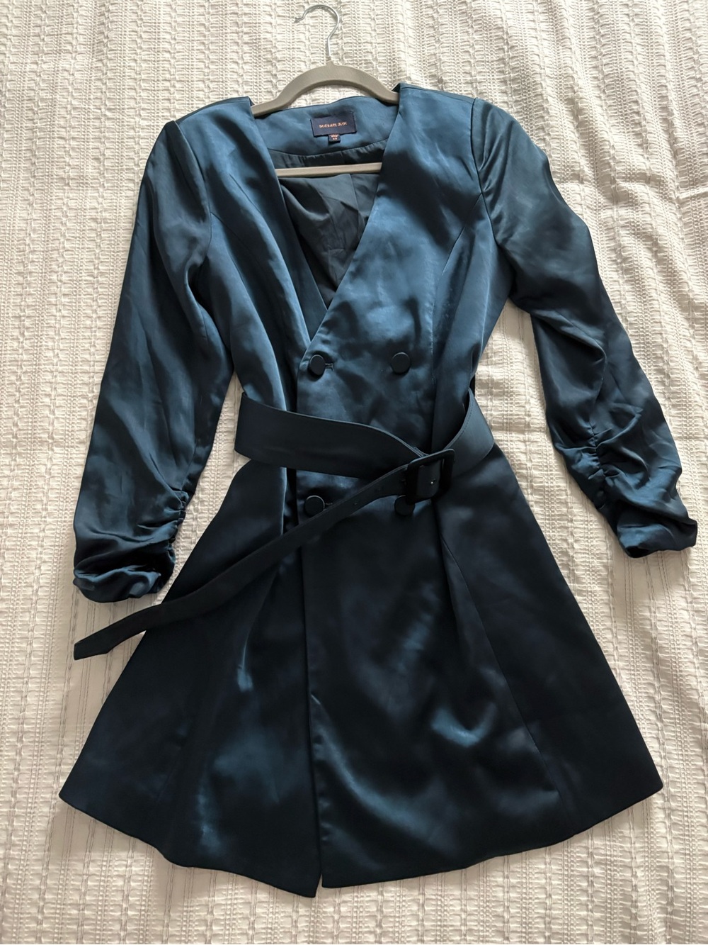 Skies Are Blue Teal Satin Double-Breasted Mini Dress